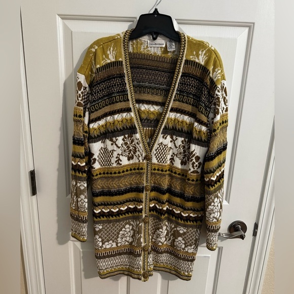 Dana Buchman Vintage Gold Brown Glam Long Button Up Cardigan Size M - Picture 9 of 11